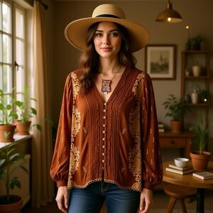 Johnny Was Rust Brown Blouse with Gold Paisley Accents Large